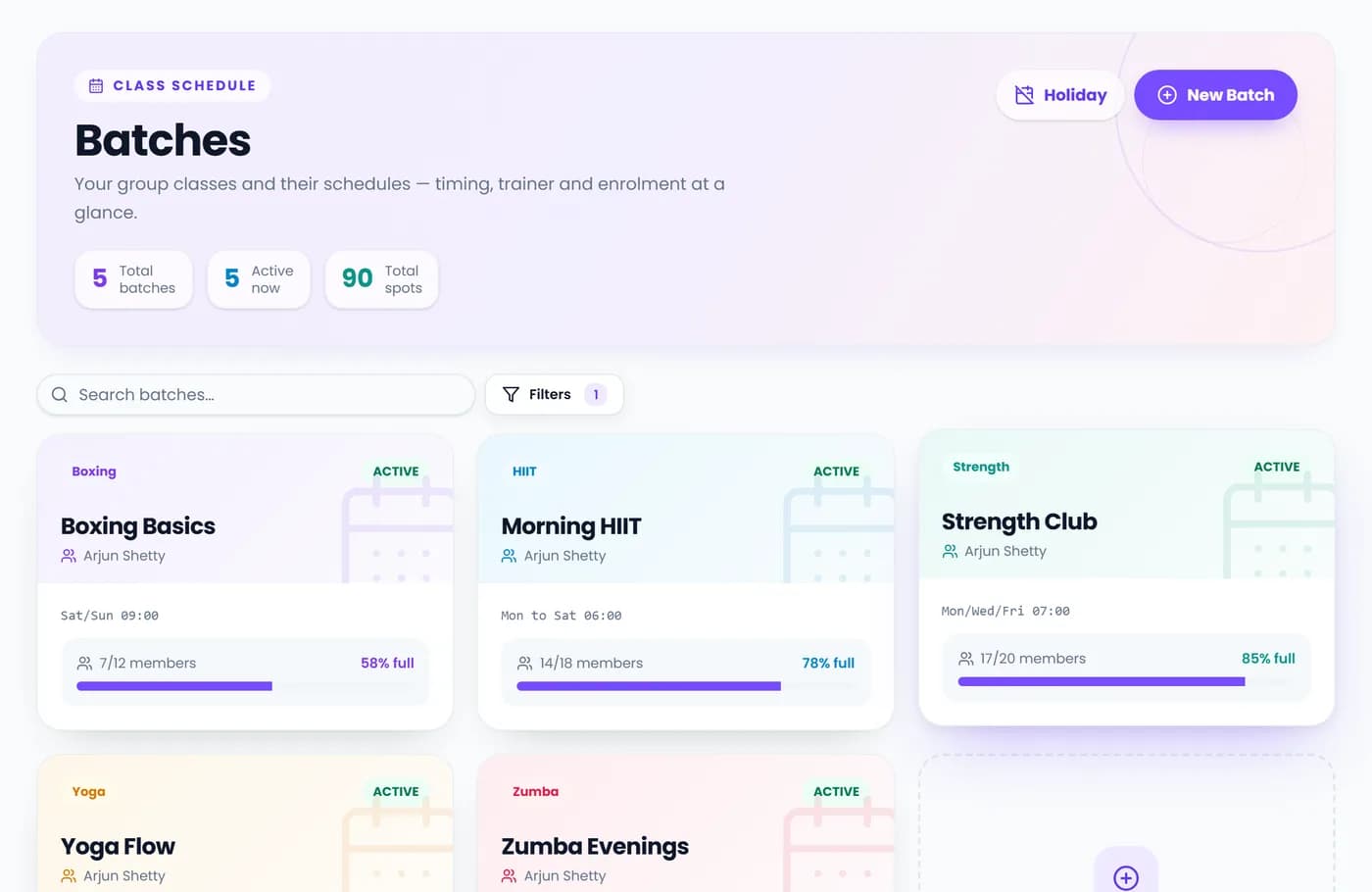 Batches: each class with its trainer, timing and how full it is