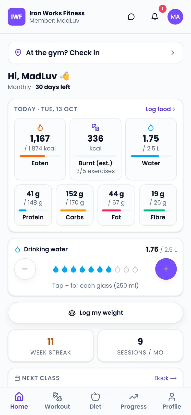 Member app home with today's calories, macros and water