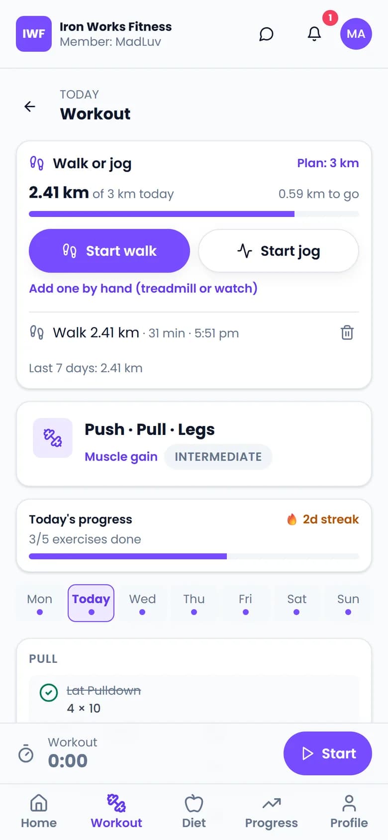 Member app workout screen with a walk or jog card and today's exercises